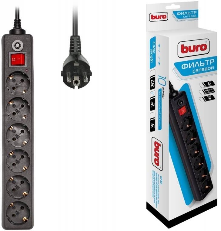 Сетевой фильтр Buro 600SH-3-B 3 метра (6 розеток) черный