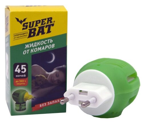 Комплект SuperBAT: Электрофумигатор + Жидкость от комаров флакон на 45 ночей, 30 мл