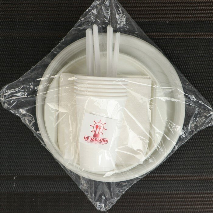 Набор белой одноразовой посуды на 6 персон «Шашлычный №3», тарелки, стаканы, ножи, вилки, салфетки, зубочистки - фотография № 7