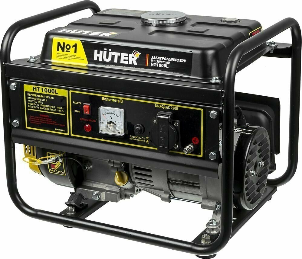 Генератор бензиновый HUTER HT1000L с ручным стартером, максимальная мощность 1100 Вт