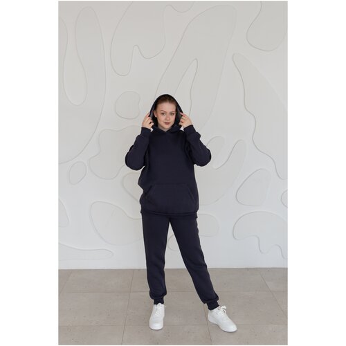 фото Костюм , худи и брюки, повседневный стиль, оверсайз, плоские швы, трикотажный, карманы, пояс на резинке, капюшон, манжеты, размер 48-50, серый rinlani