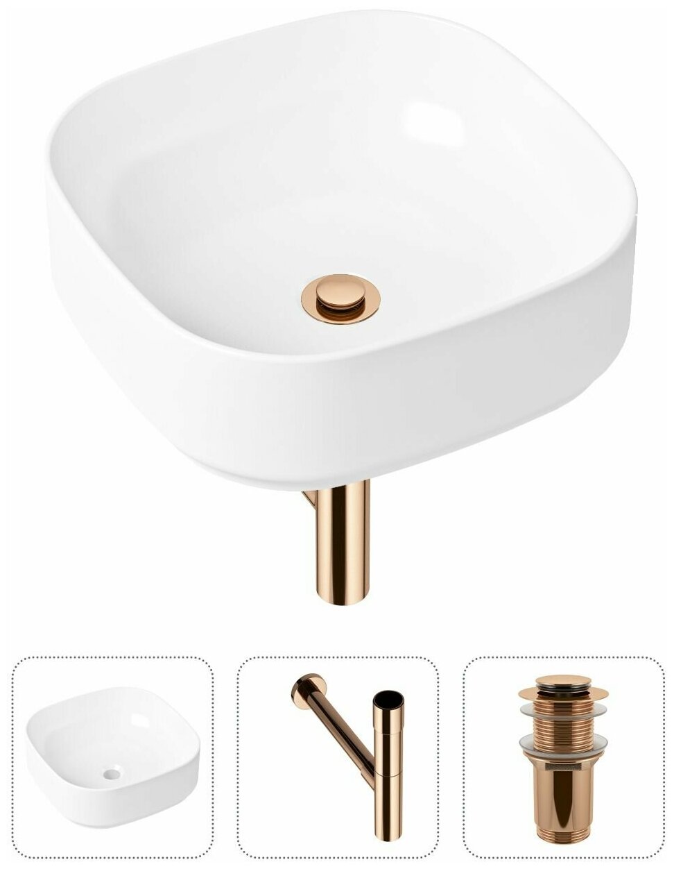 Накладная раковина в ванную Lavinia Boho Bathroom Sink Slim 21520247 в комплекте 3 в 1: умывальник белый, донный клапан и сифон в цвете розовое золото