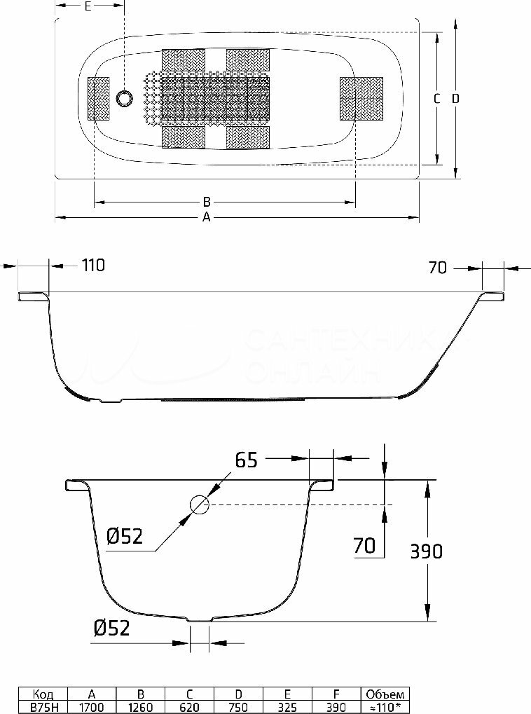 Стальная ванна BLB Universal HG 170x75, с отверстиями для ручек