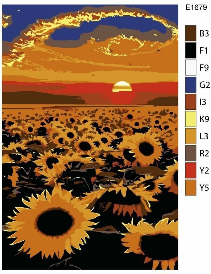Детская картина по номерам E1679 "Поле подсолнухов на закате" 20x30
