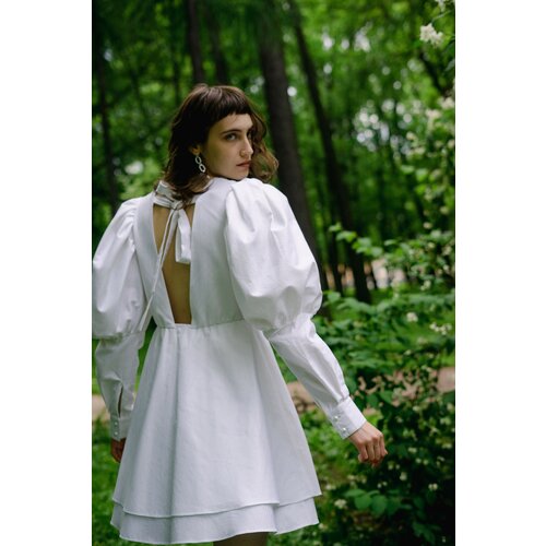 Платье ампир SASHINA, хлопок, вечернее, свободный силуэт, мини, открытая спина, размер S, белый