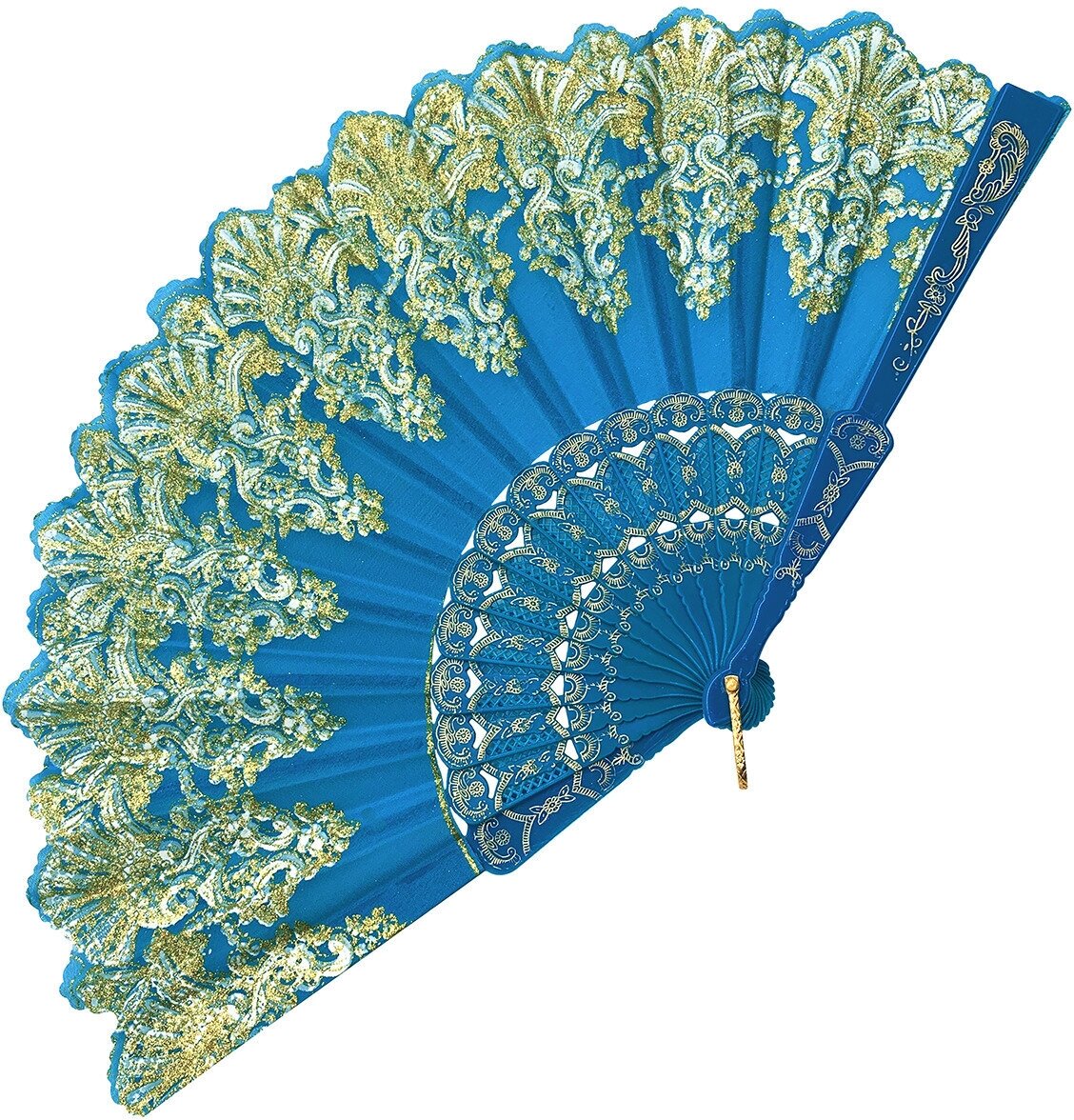 Веер складной пластмассовый тканевый ручной японский для восточных танцев с кисточкой для фотосессии синий - фотография № 1