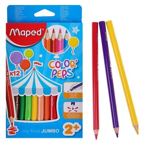 Карандаши трёхгранные, 12 цветов, Maped Color Peps Maxi, утолщённые, европодвес карандаши акварельные 24 цвета с кистью maped color peps aqua металлическая коробка