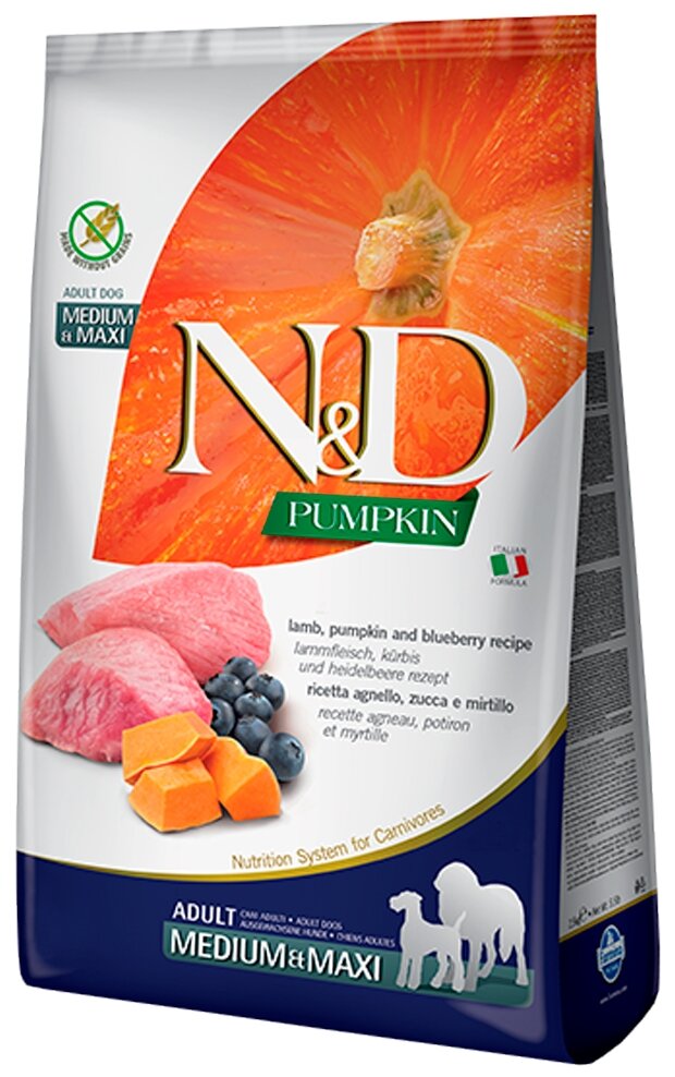Сухой корм для собак Farmina N&D Pumpkin, беззерновой, ягненок, с тыквой, с черникой 2 шт. х 2.5 кг (для средних и крупных пород)