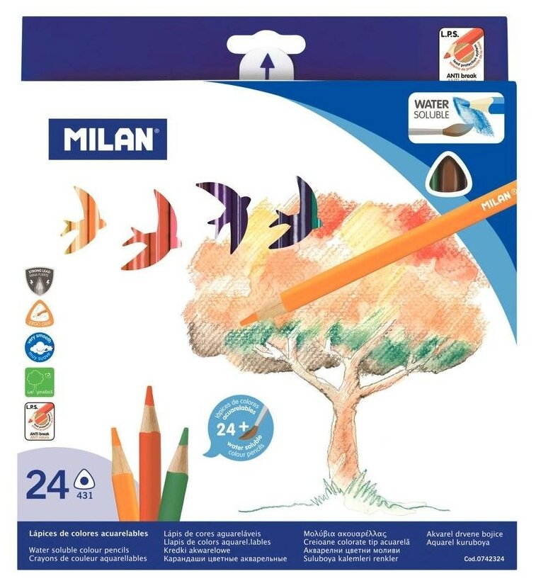 карандаши акварельные Milan "431" 24 цвета, трехгран., с кистью - фото №1