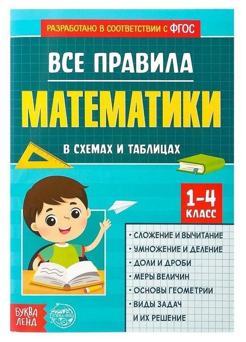 Шпаргалки, буква-ленд "Все правила математики" 44 страницы, сборник для 1,2,3,4 классов, ФГОС, для детей