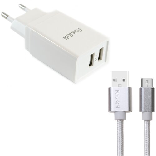 Сетевая зарядка FaisON 2xUSB C-17, Square, 2.4A, кабель микро USB 1.0м, белый сетевая зарядка faison 2xusb c 18 tornado 2 4a черный