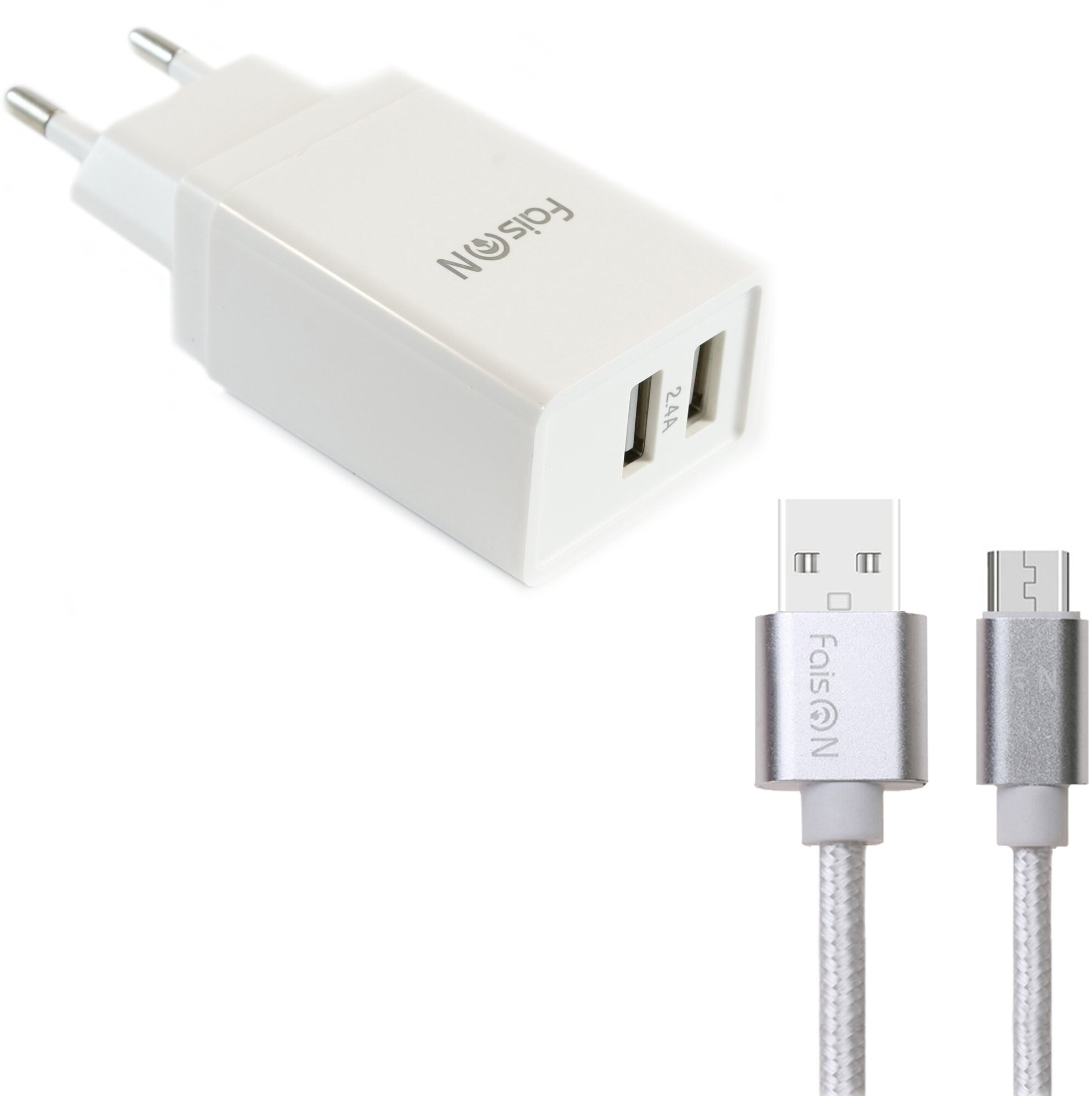 Сетевая зарядка FaisON 2xUSB C-17 Square 2.4A кабель микро USB 1.0м белый