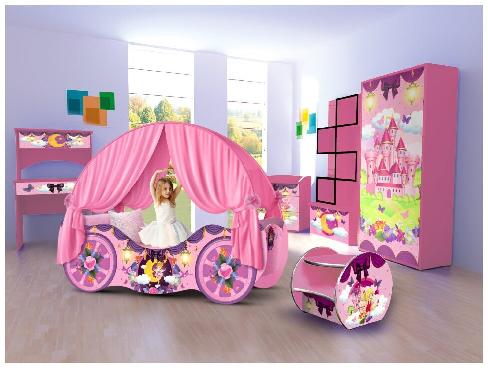 Кровать карета детская кровать для девочки «Принцесса 4.0» Розовая - 155/85/60(h160)см