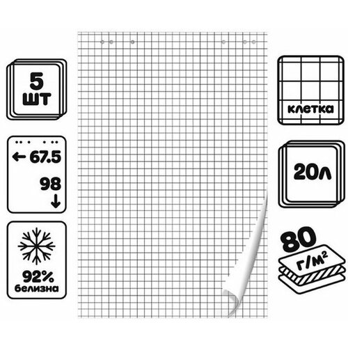Набор блокнотов 5 штук для флипчарта, 67.5 x 98 см, 20 листов в клетку, 92%, 80 г/м2