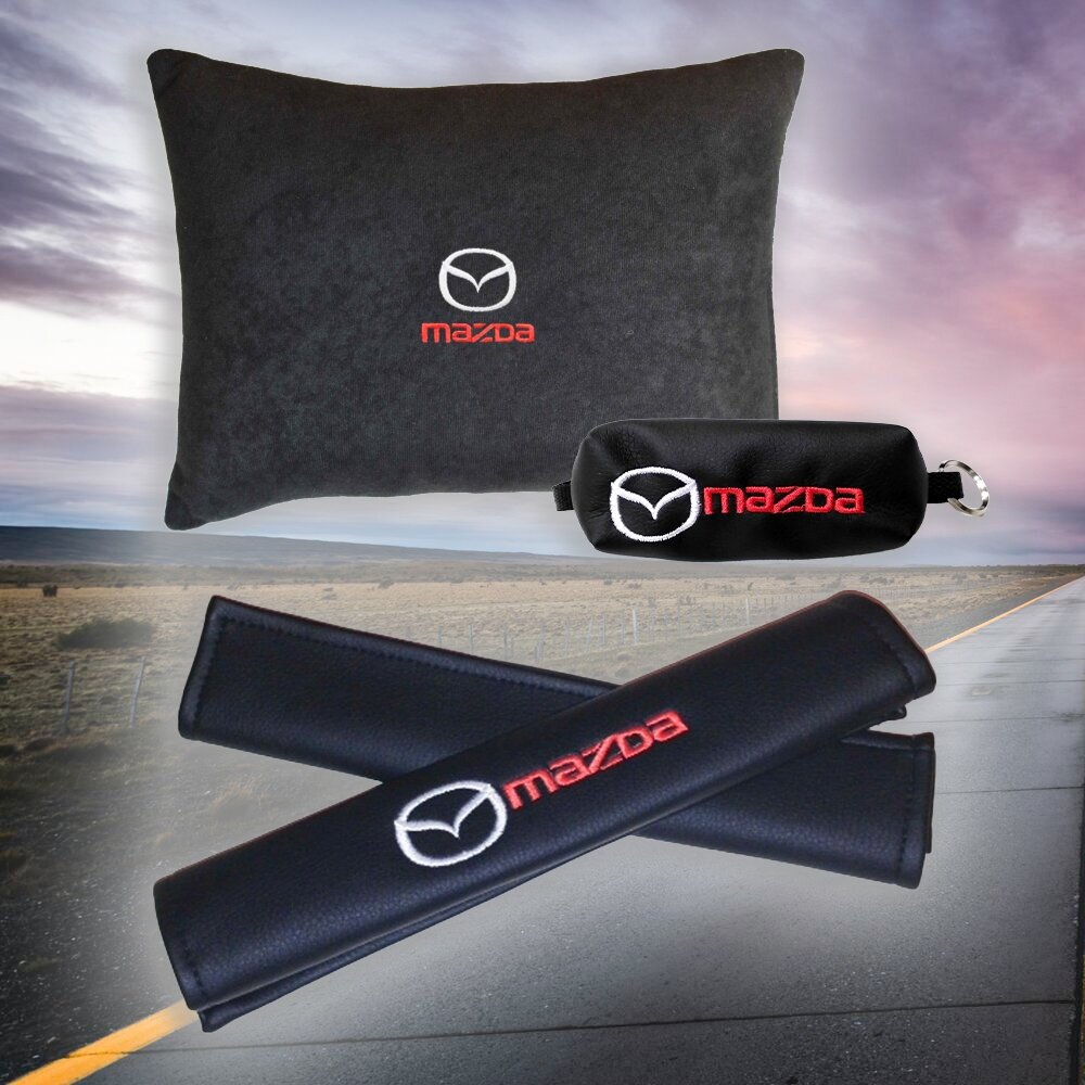 Подарочный набор автомобилиста из черного велюра для Mazda (мазда) (автомобильная подушка, ключница и накладки на ремень безопасности)