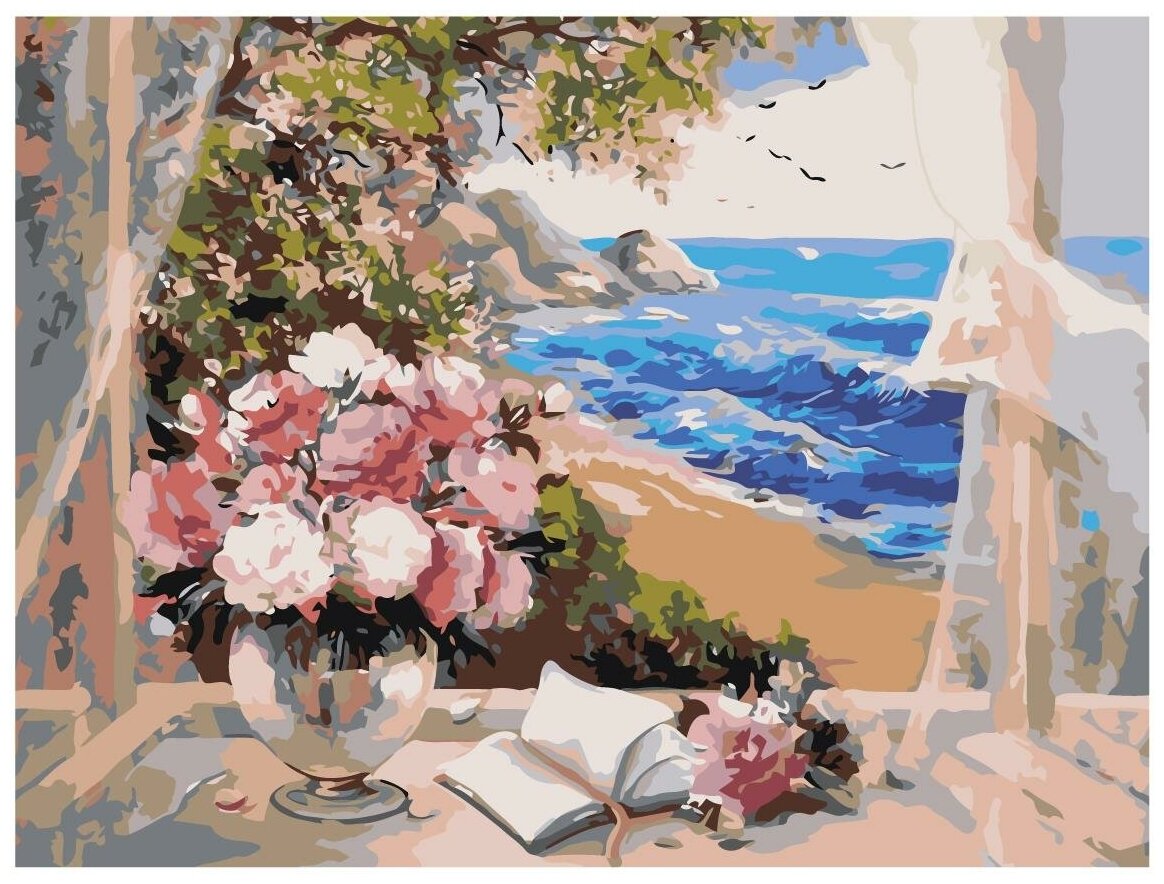 Букет в вазе на окне у берега моря Раскраска картина по номерам на холсте