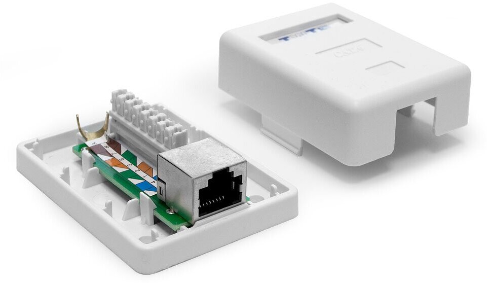 Розетка настенная, 1 порт RJ-45, категория 6, экранированная, белая, TWT-SM1-45/S6-WH