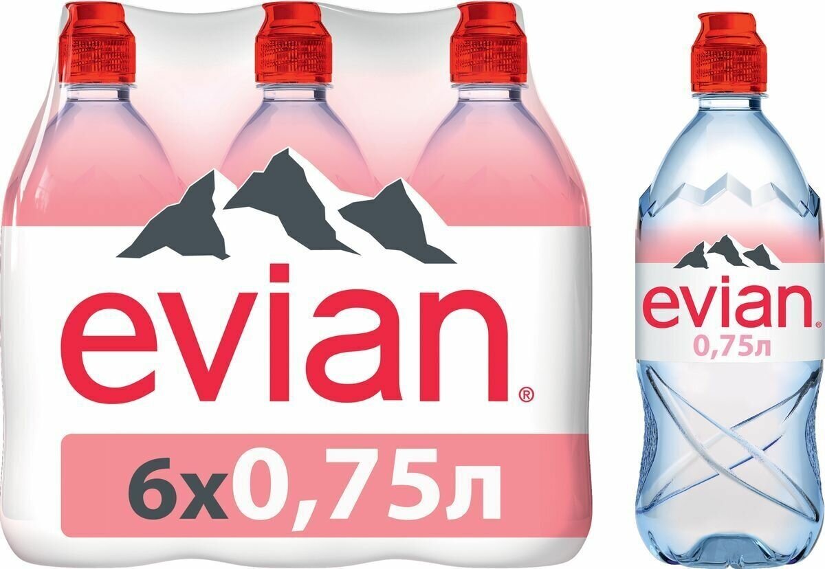 Вода минеральная природная питьевая столовая Evian негазированная, спорт ПЭТ, 6 шт. по 0.75 л