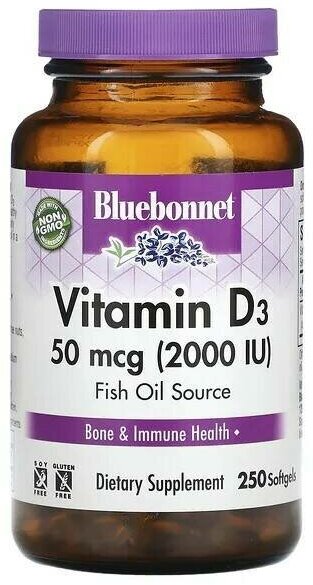 Bluebonnet Nutrition, Vitamin D3, 50 mcg (2,000 IU), 250 Softgels