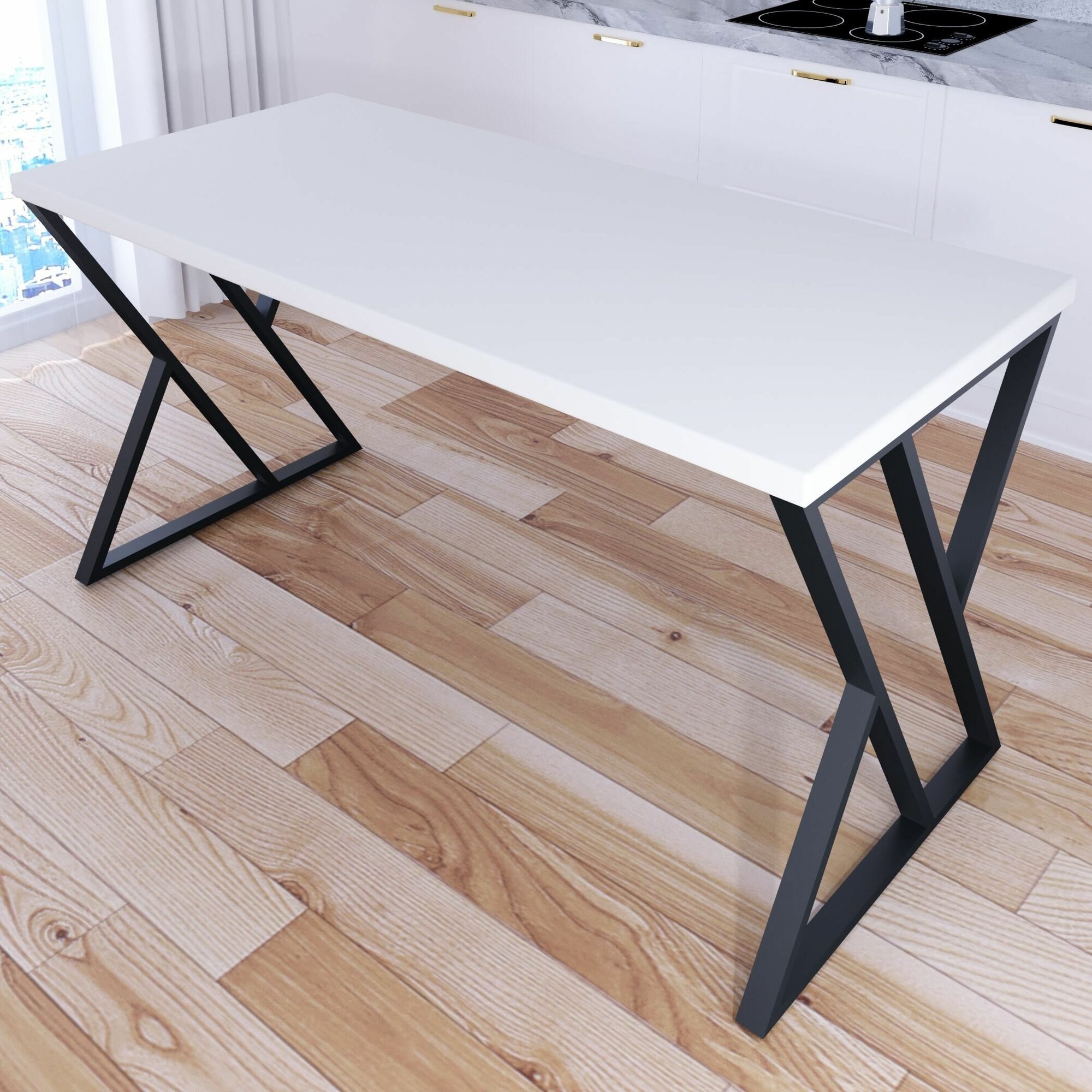 Стол кухонный Loft со столешницей белого цвета из массива сосны 40 мм и черными металлическими Z-образными ножками, 140х80х75 см