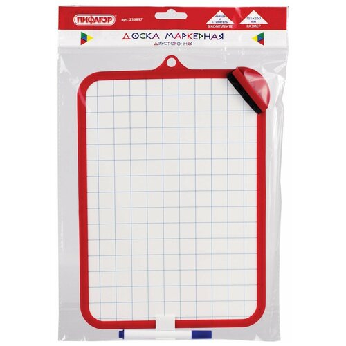 Доска для рисования детская Пифагор двусторонняя с маркером и губкой, 236897 красный/белый