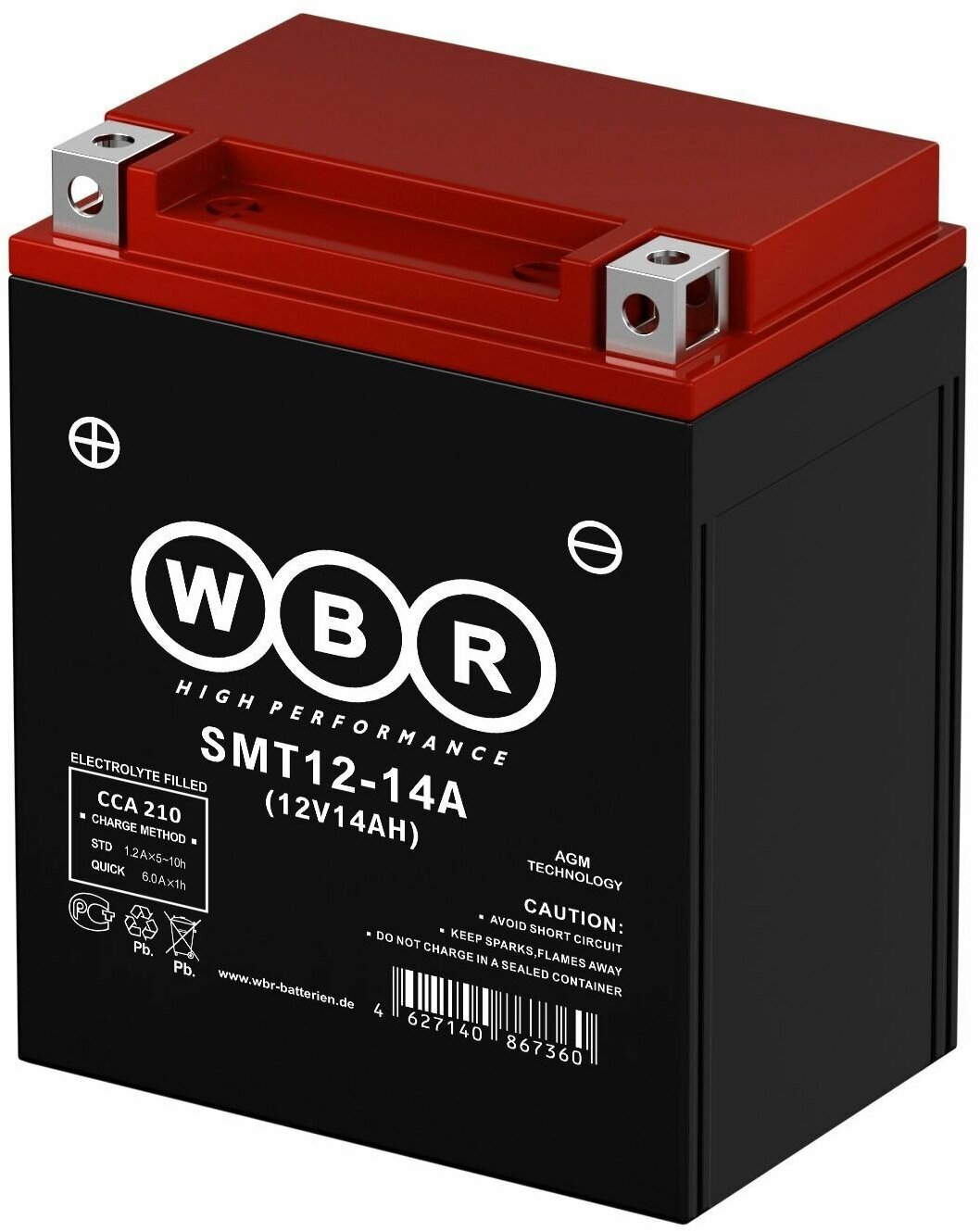 Мото аккумулятор стартерный WBR SMT12-14-A 12В 14Ач (12V 14Ah) (YTX14AH-BS) 210A AGM для мотоцикла скутера гидроцикла квадроцикла снегохода