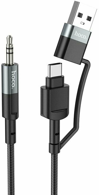 AUX Audio кабель 3,5 мм (2 в 1) на USB+Type-C, UPA23, HOCO, серый