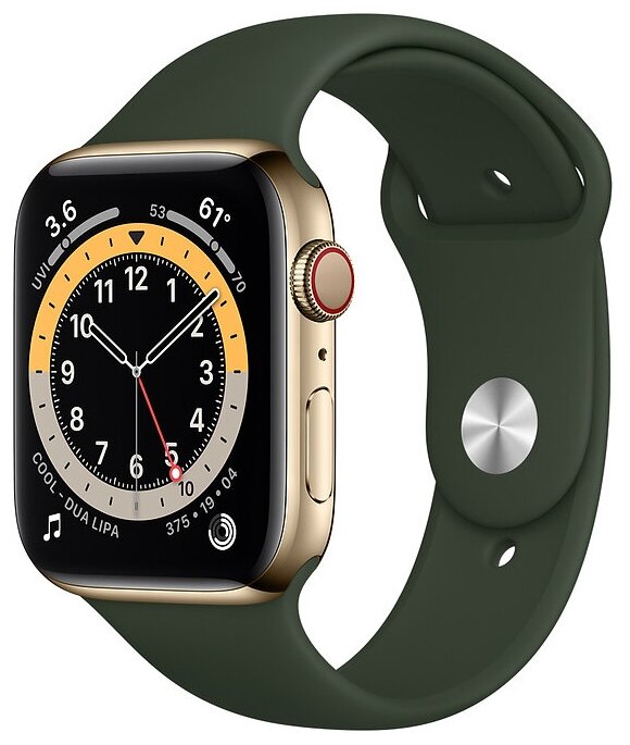 Умные часы Apple Watch Series 6 GPS + Cellular 44мм Stainless Steel Case with Sport Band 44 мм Steel Case GPS + Cellular, золотистый/кипрский зеленый
