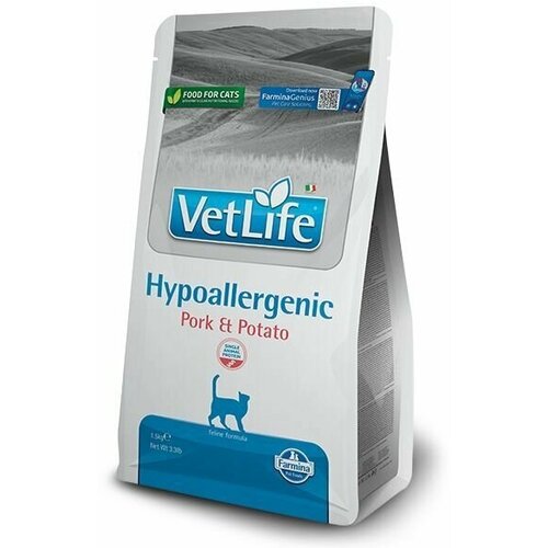 Сухой корм Farmina Vet Life Hypoallergenic для кошек страдающих пищевой аллергией, лечебный рацион со вкусом свинины и картофеля, 1,5кг