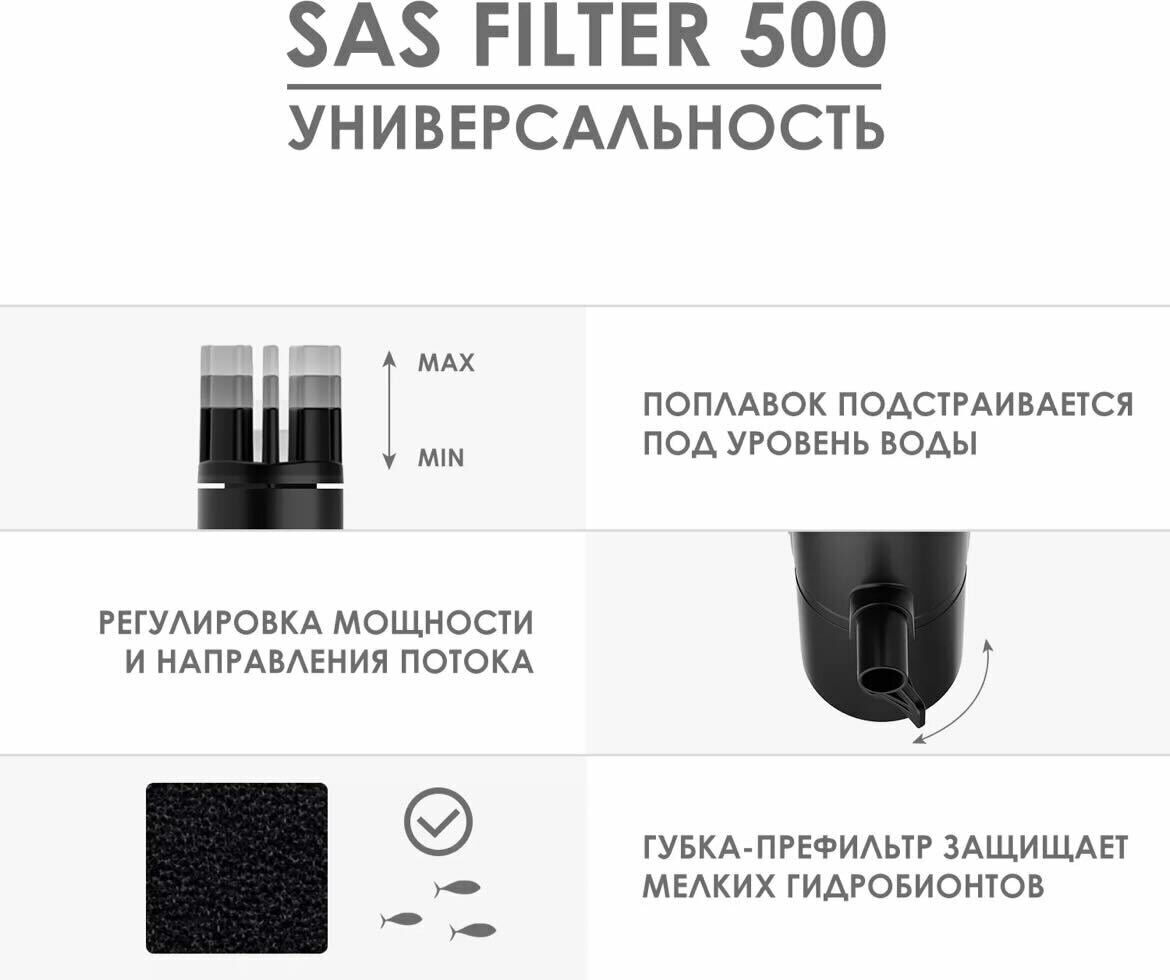 Скиммер для аквариума поверхностный AQUAEL SAS FILTER 500 (до 500 л., 4,4 Вт, 500 л/ч) - фотография № 2