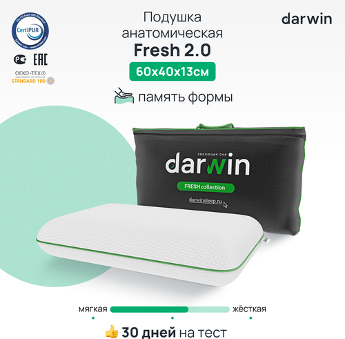 Подушка ортопедическая для сна Darwin Fresh 2.0 c эффектом памяти, анатомическая, 40х60 см, высота 13 см