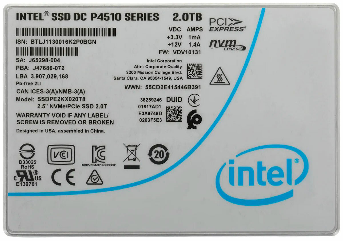 SSD накопитель INTEL DC P4510 SSDPE2KX020T801 2Тб, 2.5", PCI-E x4, NVMe, U.2 SFF-8639 [ssdpe2kx020t801 959393] - фото №20