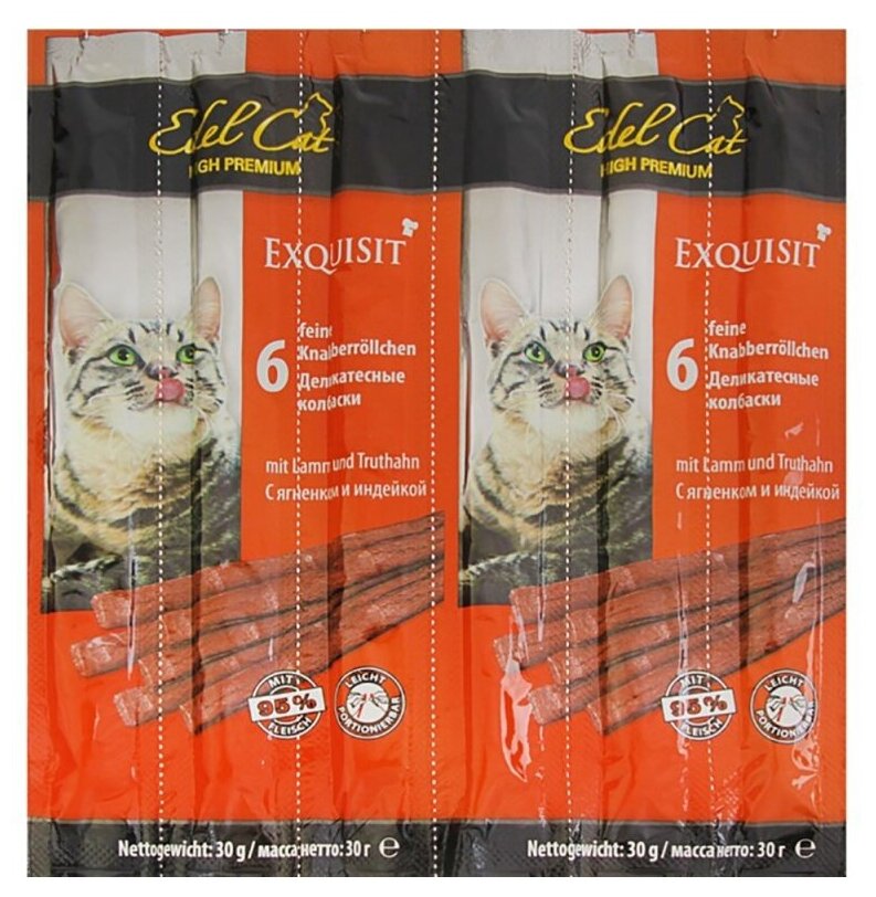 Лакомство для кошек Edel Cat Колбаски Ягненок и индейка, 5г х 6шт. в уп. 30 г - фотография № 2