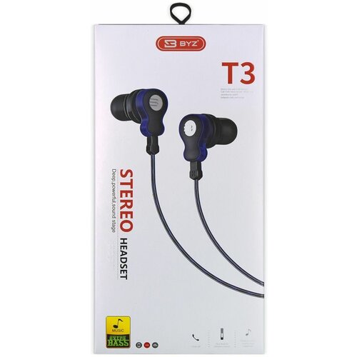 Наушники проводные BYZ T3 вакуумные с микрофоном 12 метра черно-синий 106100₽
