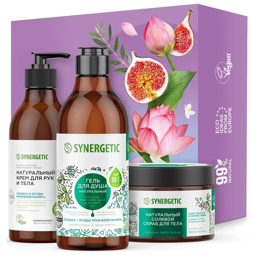 Подарочный набор SYNERGETIC «Комбо для домашнего SPA» для очищения, увлажнения и ухода за кожей рук и тела ( гель для душа 380 мл, солевой скраб для тела 300 мл, крем для рук и тела 380 мл)