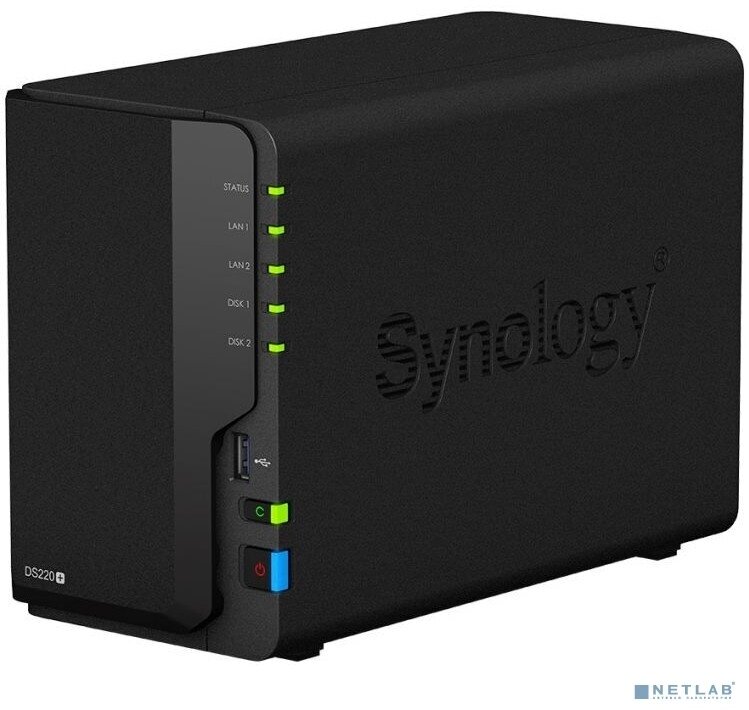 Synology Дисковый массив Synology DS220+ Сетевое хранилище DC 2,0GhzCPU/2GB(upto6)/RAID0,1/up to 2HDDs SATA(3,5' 2,5')/2xUSB3.0/2GigEth/iSCSI/2xIPcam(up to 25)/1xPS /1YW