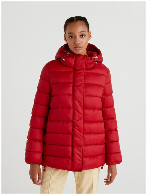 Куртка  UNITED COLORS OF BENETTON, демисезон/зима, средней длины, оверсайз, капюшон, карманы, размер 38, бордовый