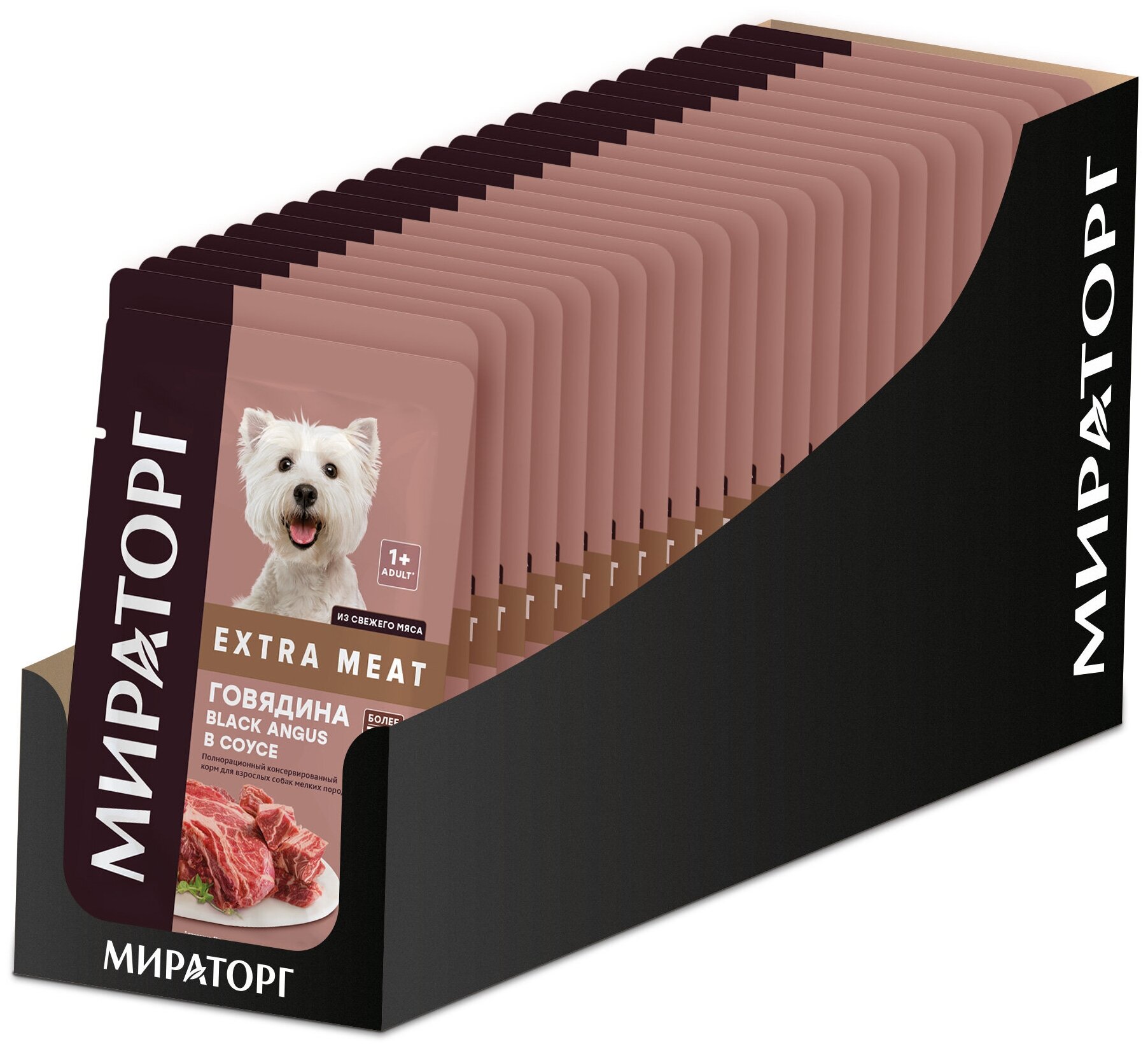 Мираторг EXTRA MEAT 85гр х 24шт, с говядиной Black Angus в соусе, корм влажный для собак.