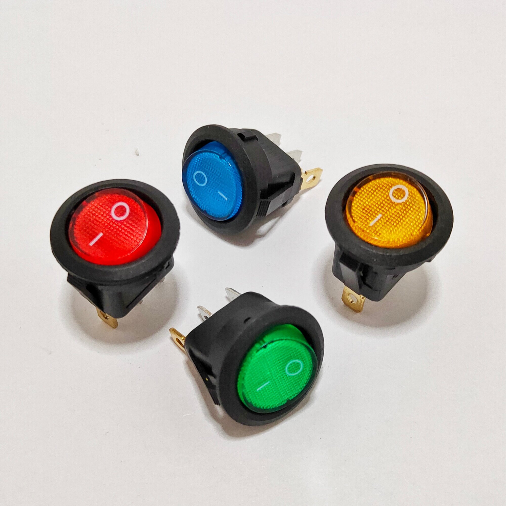 Набор выключателей авто круглые 12В 20А (3с) ON-OFF, подсветка, подсветка, 4 шт./4 цвета (+ термоусадка и клеммы)