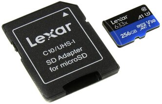 Карта памяти Lexar microSDXC Class 10 UHS-I U3 A1 V30 633x 256GB + SD adapter 256 GB, чтение: 100 MB/s, запись: 45 MB/s, адаптер на SD