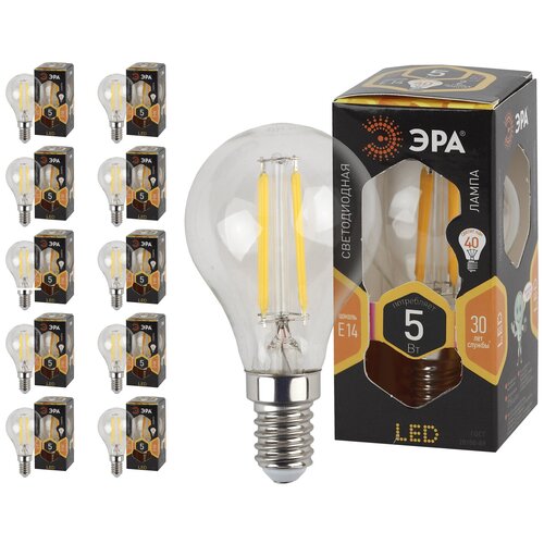 фото Лампа светодиодная эра f-led p45-5w-827-e14 филамент, шар, 5вт, тепл, e14, 10 шт
