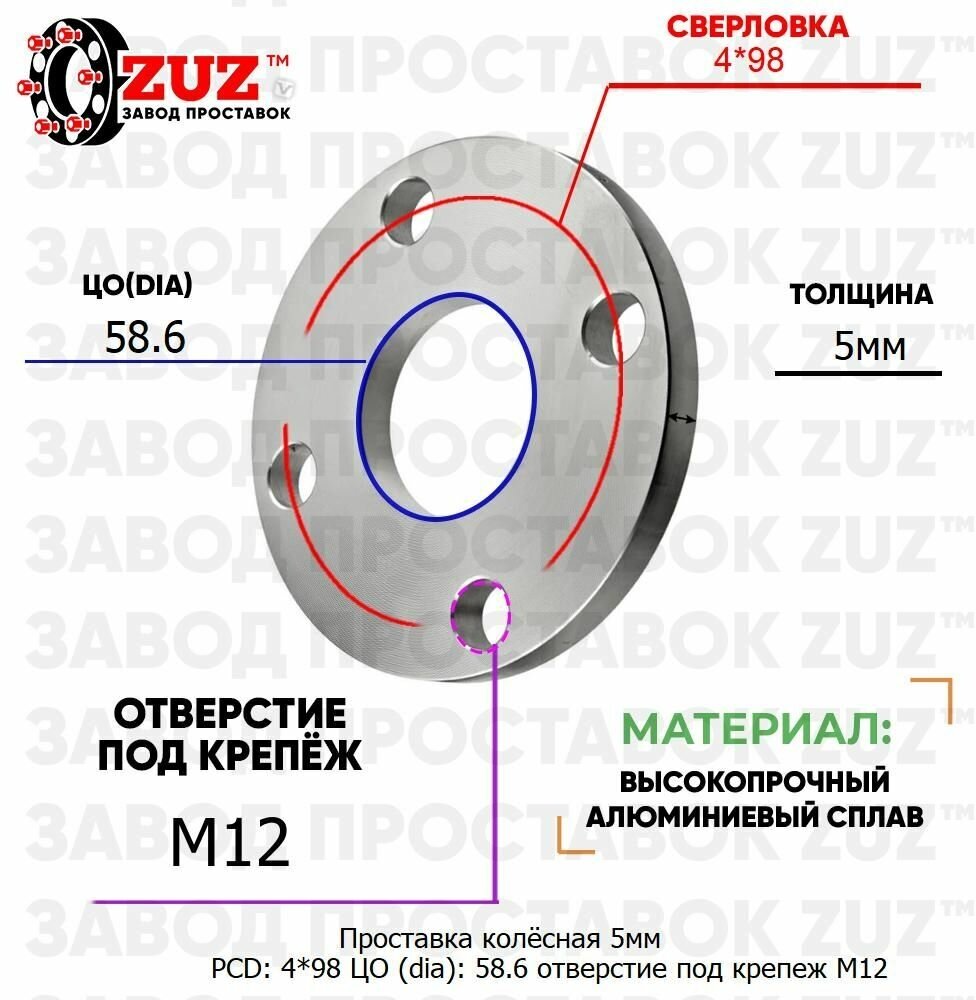 Проставка колёсная 1 шт 5мм PCD: 4*98 ЦО (DIA): 58,6 отверстие под крепёж M12 на ступицу: Lancia Skoda ВАЗ Лада 4x98