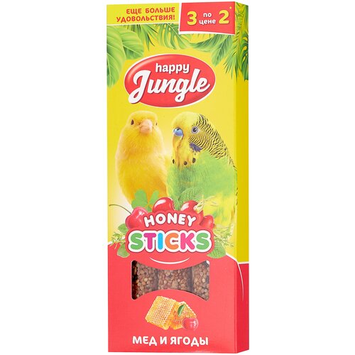 Лакомство для птиц Happy Jungle мед + ягоды , 90 г , 3 шт. в уп. лакомство для happy jungle honey sticks мед и орехи 3 шт в уп