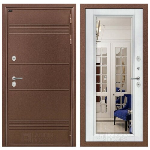 Входная металлическая дверь для дома с терморазрывом LAITE с внутренней панелью с зеркалом фацет-белый софт, размер по коробке 880х2050, левая