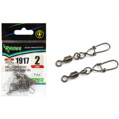 vertlyug akara bochonok katushka rolling swivel 3220018 2 2 Карабин с вертлюгом RAIDER ROLLING SWIVEL GERMANY SNAP (B) (уп.7шт) №2 (test 30.0кг), для рыбалки, рыболовный