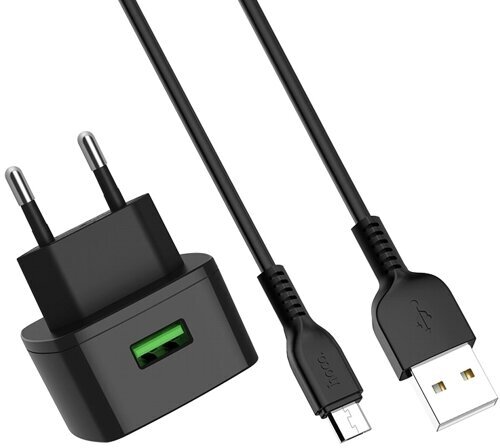 Сетевой адаптер питания Hoco C70A Cutting-edge Black зарядка QC3.0 USB-порт + кабель microUSB, черный