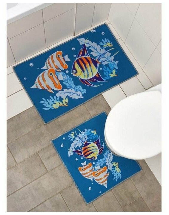 Набор ковриков для ванны и туалета Доляна «Подводный мир», 2 шт: 45×48, 58×78 см - фотография № 1