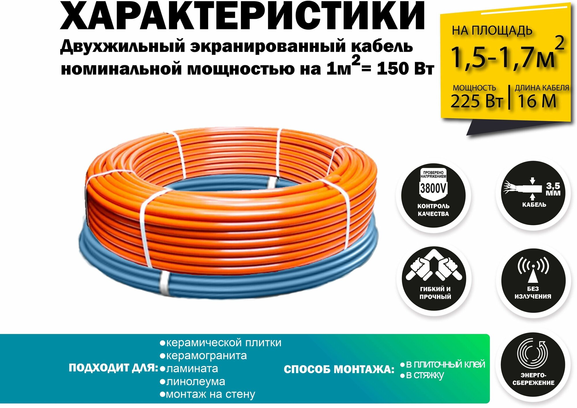 Нагревательный кабель для теплого пола Нагревательный кабель SV 225 Вт / 16 п.м - фотография № 2