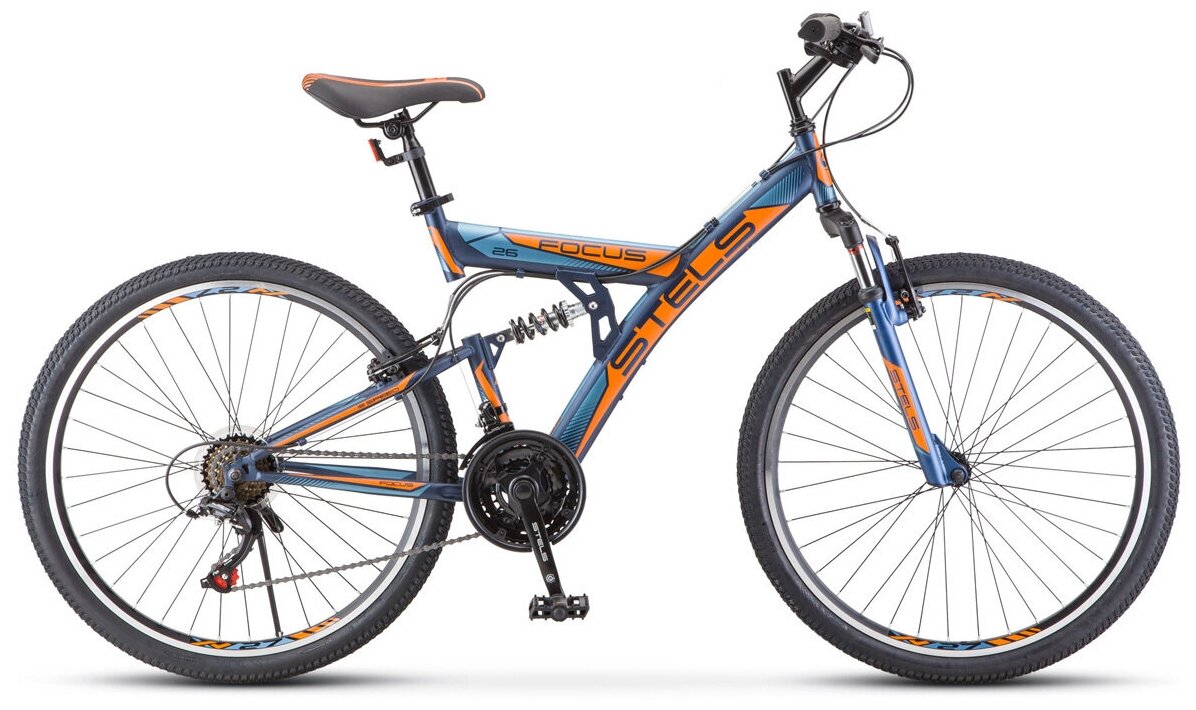 Велосипед двухподвес Focus V 26" 18-sp , размер рамы/цвет; 18" Тёмно-синий/оранжевый 2021, STELS (Стелс)