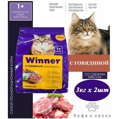Сухой корм Winner Мираторг 3кг х 2шт с говядиной, для взрослых кошек всех пород. Новинка
